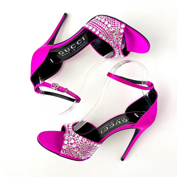 NEW GUCCI Crystal GG Embellished Hot Pink Fuchsia Satin Heel Sandal Ankle Strap - Picture 4 of 16